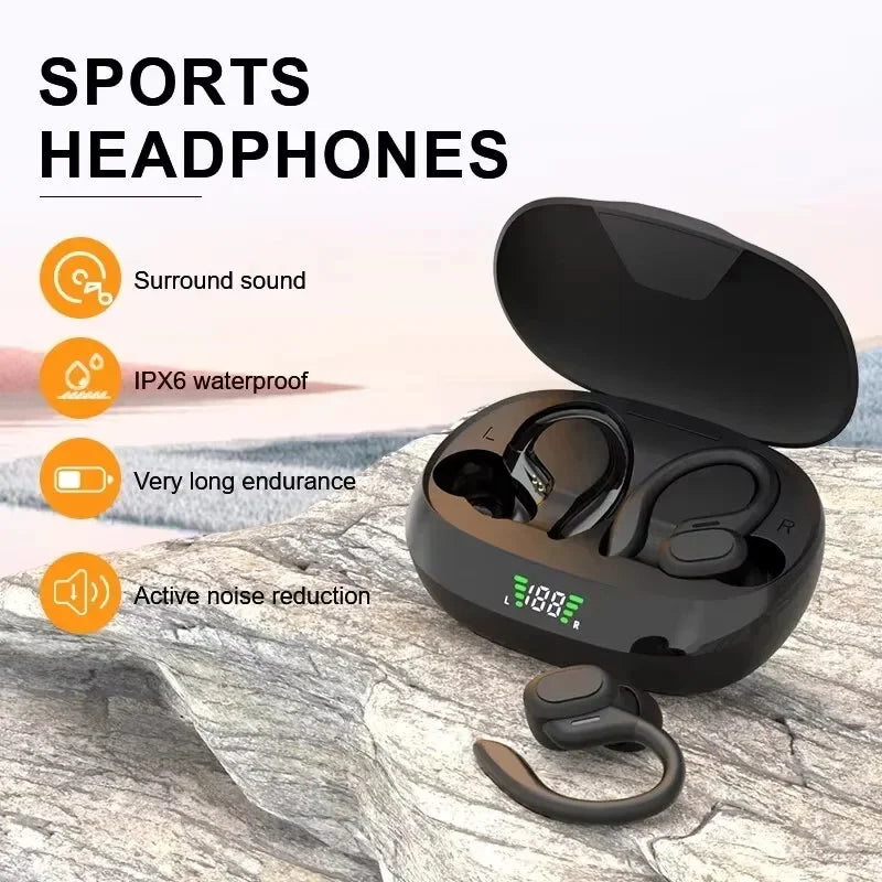 Sports headphones with charging case on a marble surface, featuring text about features.