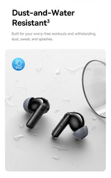 Black wireless earbuds with IP55 rating – dust and water resistant