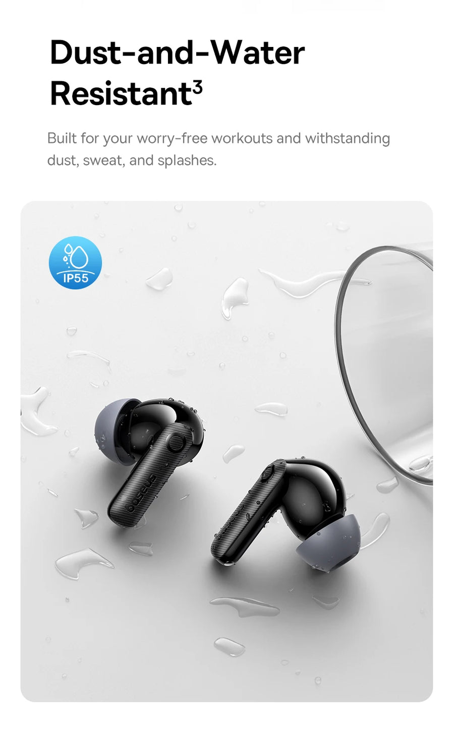 Black wireless earbuds with IP55 rating – dust and water resistant