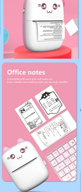 White cartoon-style mini Bluetooth thermal label printer with keyboard and office notes on pink background