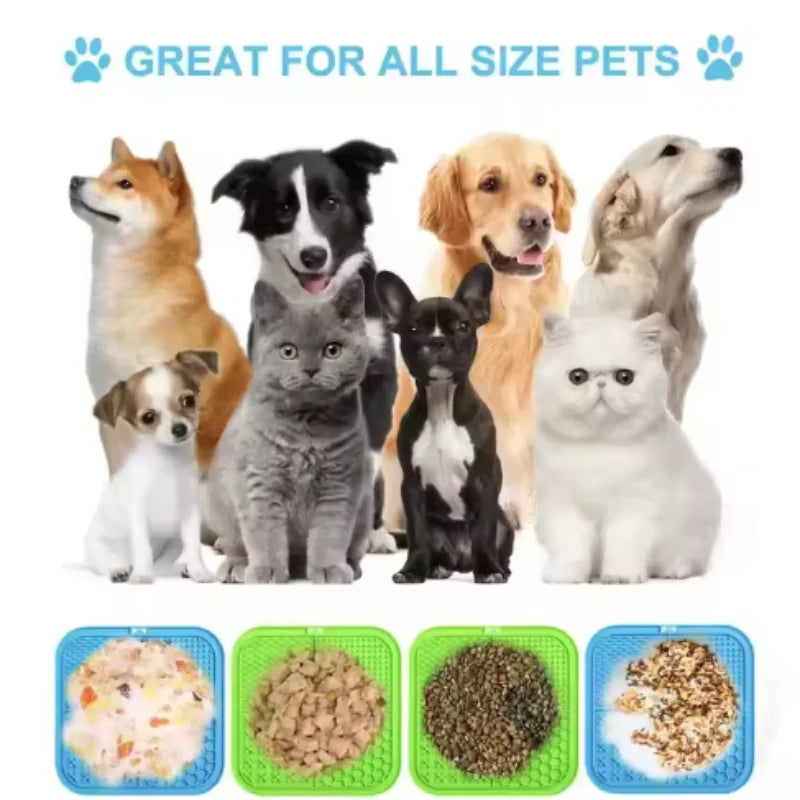 Group of dogs and cats with text 'Great for all size pets' and pet food containers below.