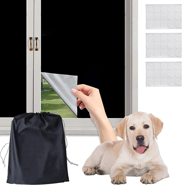 Blackout window tint product with a dog, featuring static cling film, window treatment, and accessories for privacy.