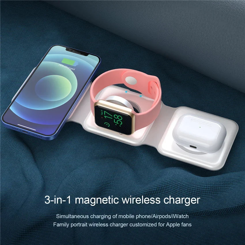 3-in-1 MagSafe Wireless Charging Station – Foldable Magnetic Travel Charger for iPhone