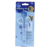 Pet pill feeder packaging back with product details on blue background – pet feeding kit for dogs and cats