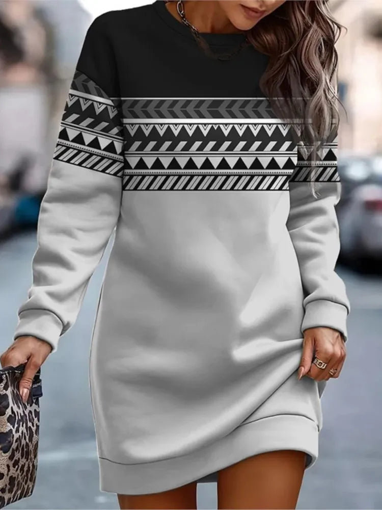 Women's Printed Sportswear Top – Round Neck Long Sleeve