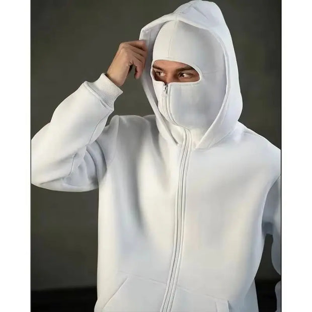Men's Balaclava Zip Hoodie with Face Mask Winter Warm Zipper Sweatshirt Oversized Hooded Sports Jacket for Outdoor Activities