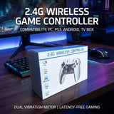 Box of 2.4G wireless game controller with gaming setup in the background