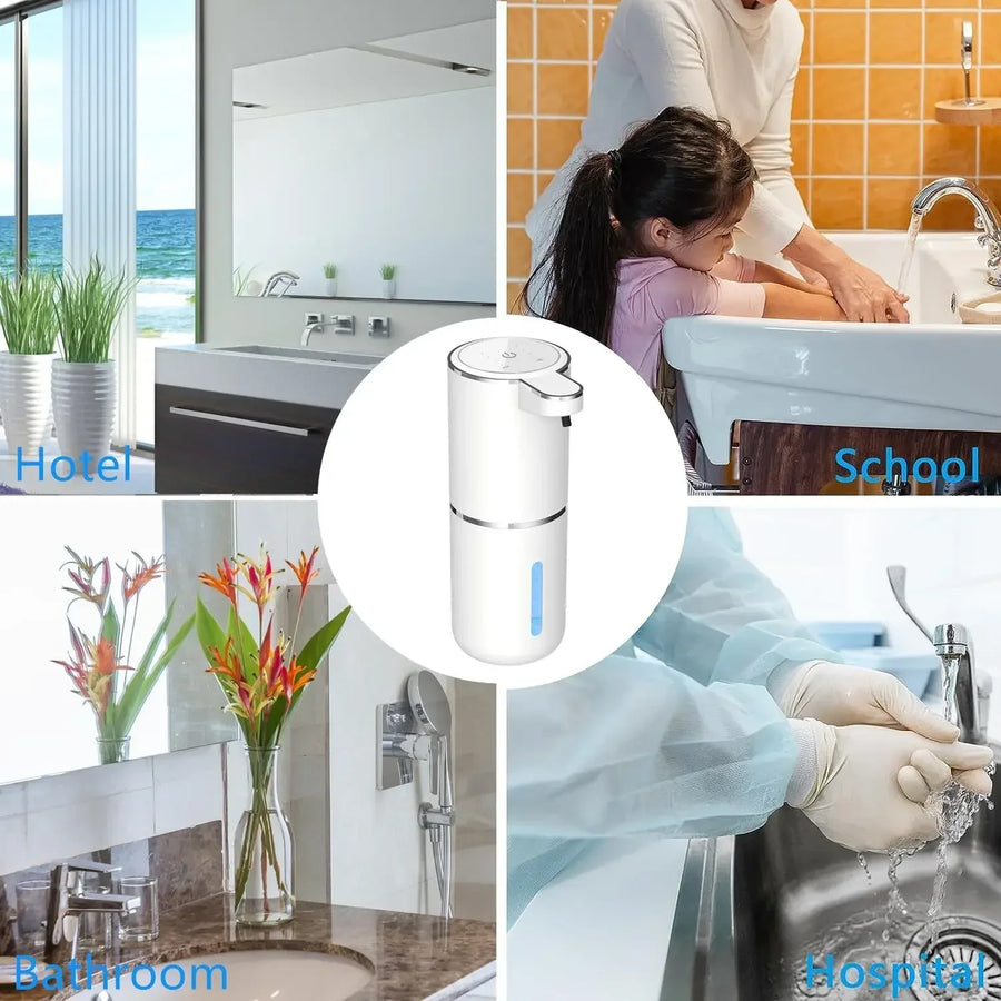 Collage of different settings with a focus on a white and silver dispenser.