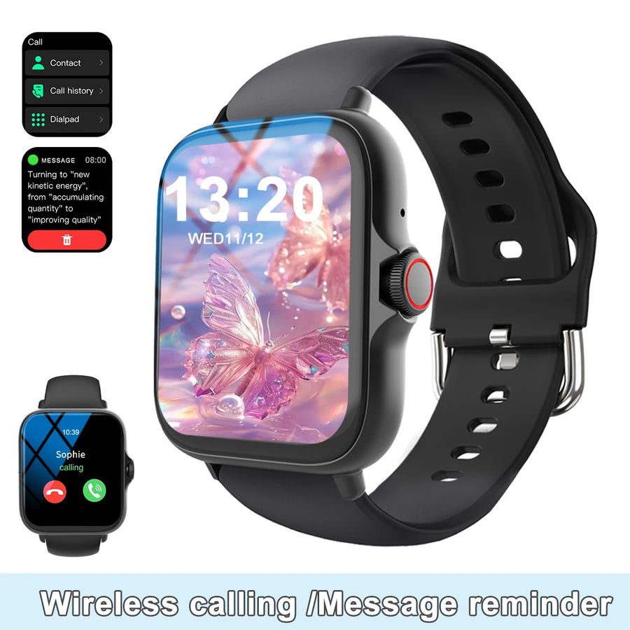 Smartwatch with butterfly design on screen and additional watch shown below, featuring wireless calling and message reminder text.