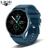 Blue LIGE smartwatch with digital display on white background