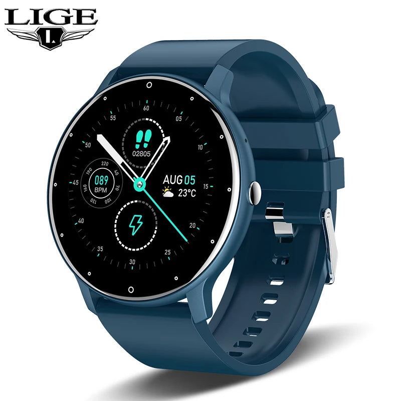 Blue LIGE smartwatch with digital display on white background