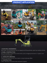 1.8 ton mini excavator – PRODUCT APPLICATION infographic showing small excavators in use across job sites
