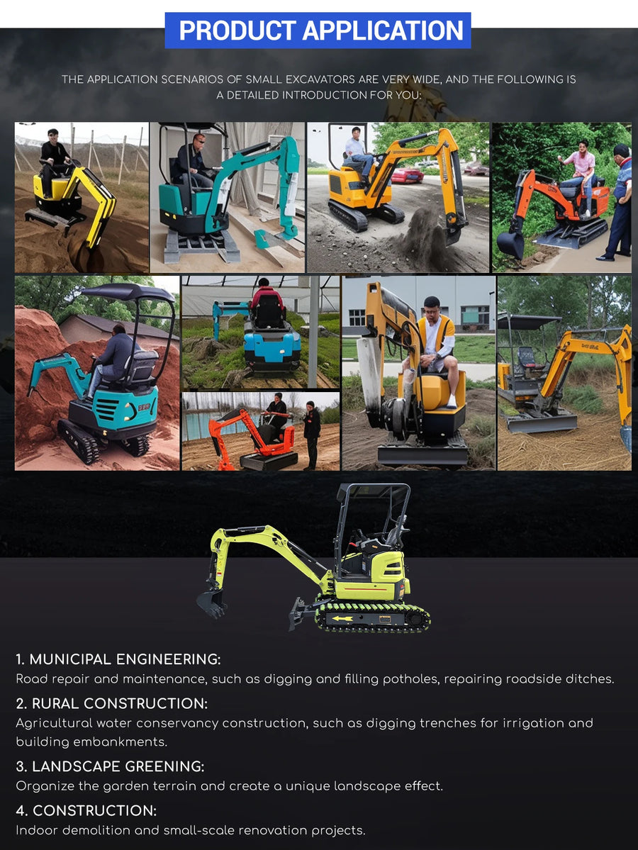 1.8 ton mini excavator – PRODUCT APPLICATION infographic showing small excavators in use across job sites