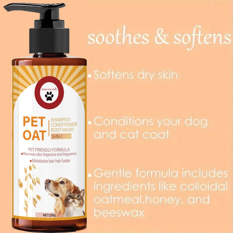 Pet Oat 3-in-1 deodorizing pet shampoo conditioner body wash bottle – soothes and softens with colloidal oatmeal, honey and beeswax