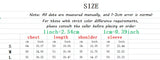 Size chart with clothing measurements in centimeters and inches