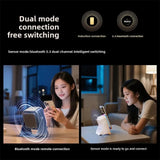 Product advertisement showing dual mode connection with two people using a device in a living room setting.