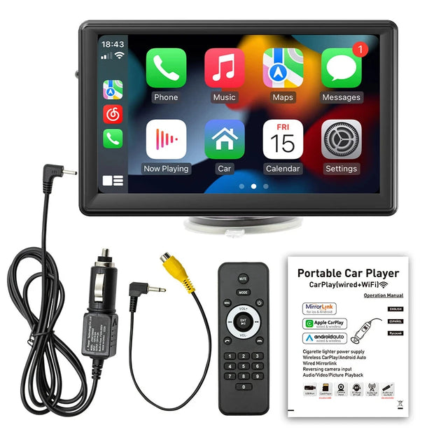 7-inch wireless car stereo with touchscreen display, remote, cables, and user manual for enhanced in-car entertainment.