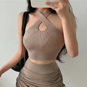 Vest Crop Top Women Halter Tops Female Knitted Off Shoulder Crop Tops Cross Strappy Sexy Tank Tops Tops For Women 2023 Summer