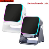 Two phone stands with black screens and colorful edges on a white background.