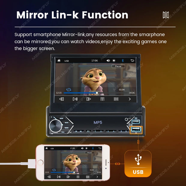 New Carplay Android Auto 1Din 7'' Retractable Universal Car Stereo Radio TouchScreen MP5 Player Intelligent Vehicle System BT FM