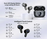 Black wireless earbuds with charging case on a white background, featuring battery life and control instructions.