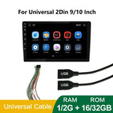 Car touchscreen display for universal 2DIN 9 and 10 inch models with app icons, wiring harness, USB cables and RAM ROM specifications