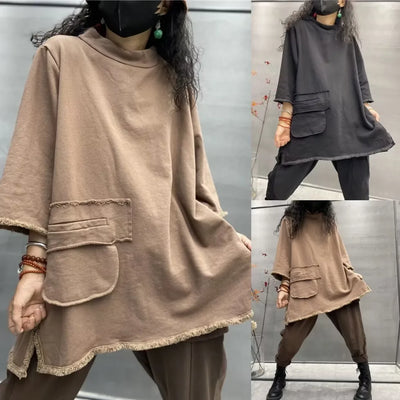 Womens plus size long sleeve top in light coffee, loose fit casual t-shirt with pockets, shown in multiple poses