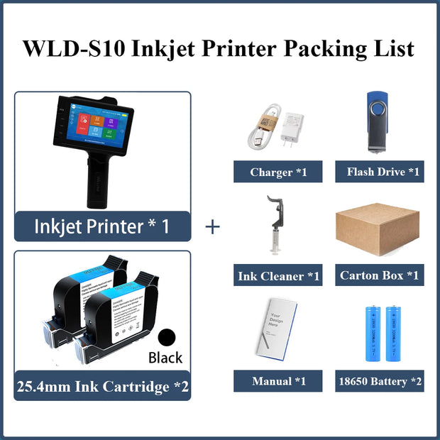 WILLITA 25.4mm Portable Handheld Inkjet Tij Printer Gun For Logo Expiry Date QR Barcode Batch Numbers Label Machine S10