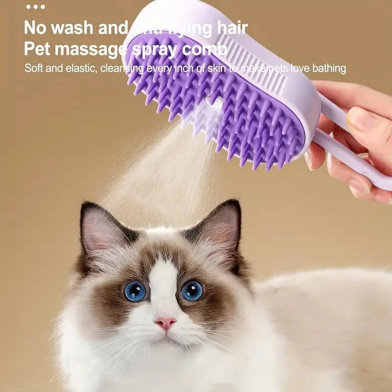 Purple pet steam brush being used on a cat with feature text overlay – 3-in-1 deshedding grooming comb with steam spray