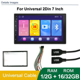 Car touchscreen display details for universal 2DIN 7 inch model with frame, wiring harness, USB cables and RAM ROM specifications