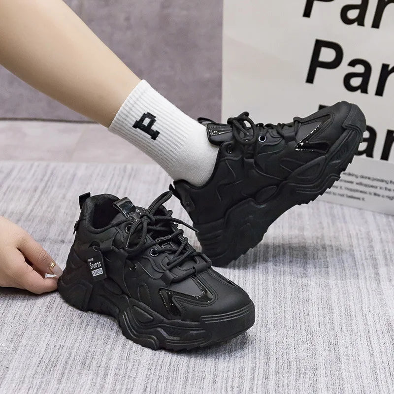 Women's Platform Leather Sneakers – Versatile Black Lace-Up (2025)