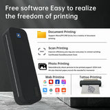 Black portable thermal printer with features listed on a gray background — wireless Bluetooth inkless A4 mini printer