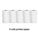 Five rolls of thermal printer paper for mini Bluetooth thermal label printer on white background