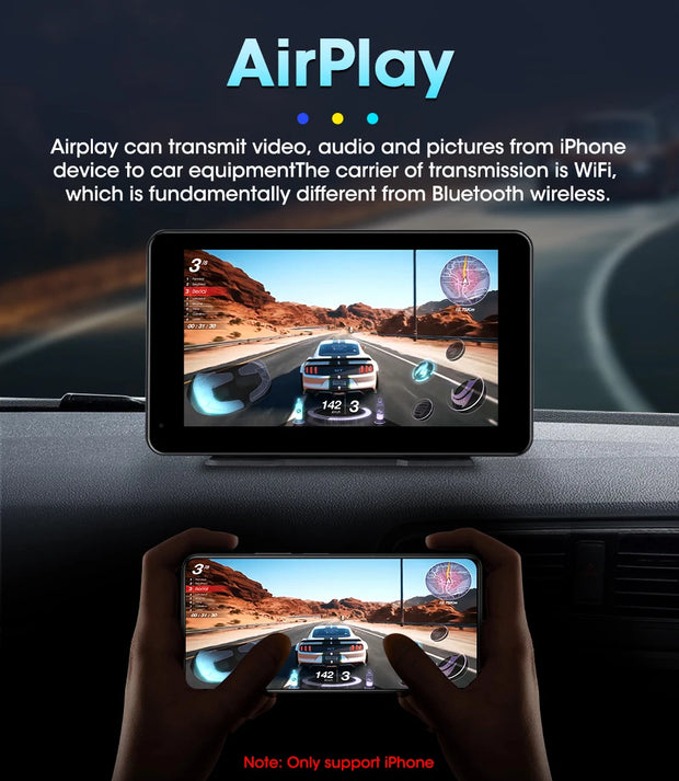 AirPlay feature demonstrating video streaming from iPhone to car screen with racing game displayed.