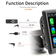 Function description diagram for 7-inch wireless car stereo, featuring IR, AV input, USB, and DC power options.