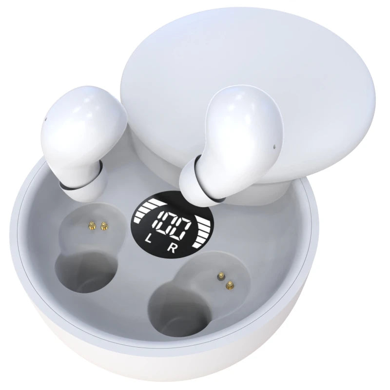 White SK26 Bluetooth 5.4 wireless earbuds in open sliding charging case with digital display