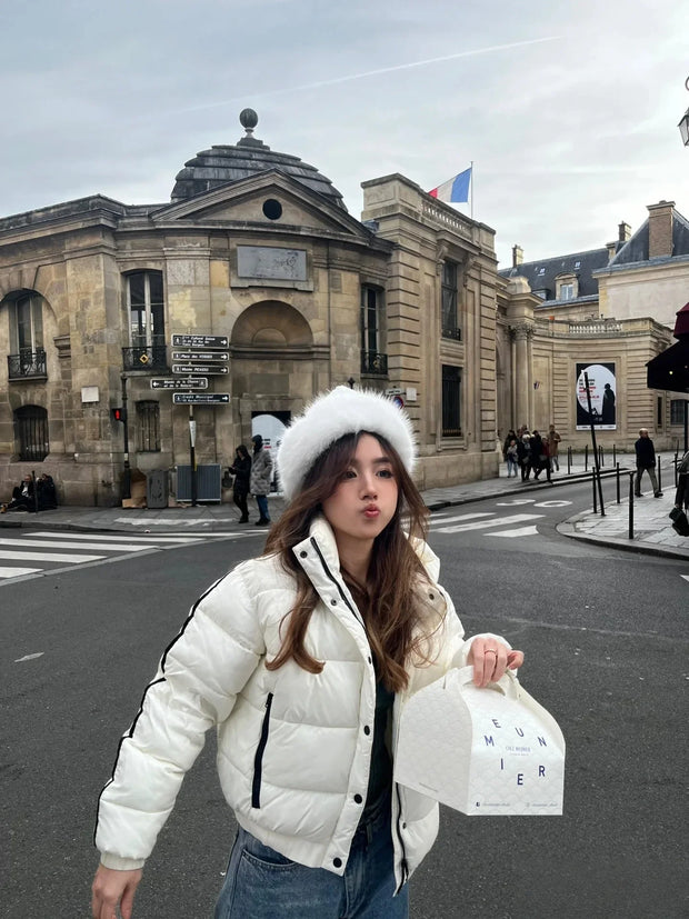 White Winter Jacket for Women Fashion Long Sleeve Hooded Bread Cotton Clothes Female Leisure Thick Warm Padded Coat Women