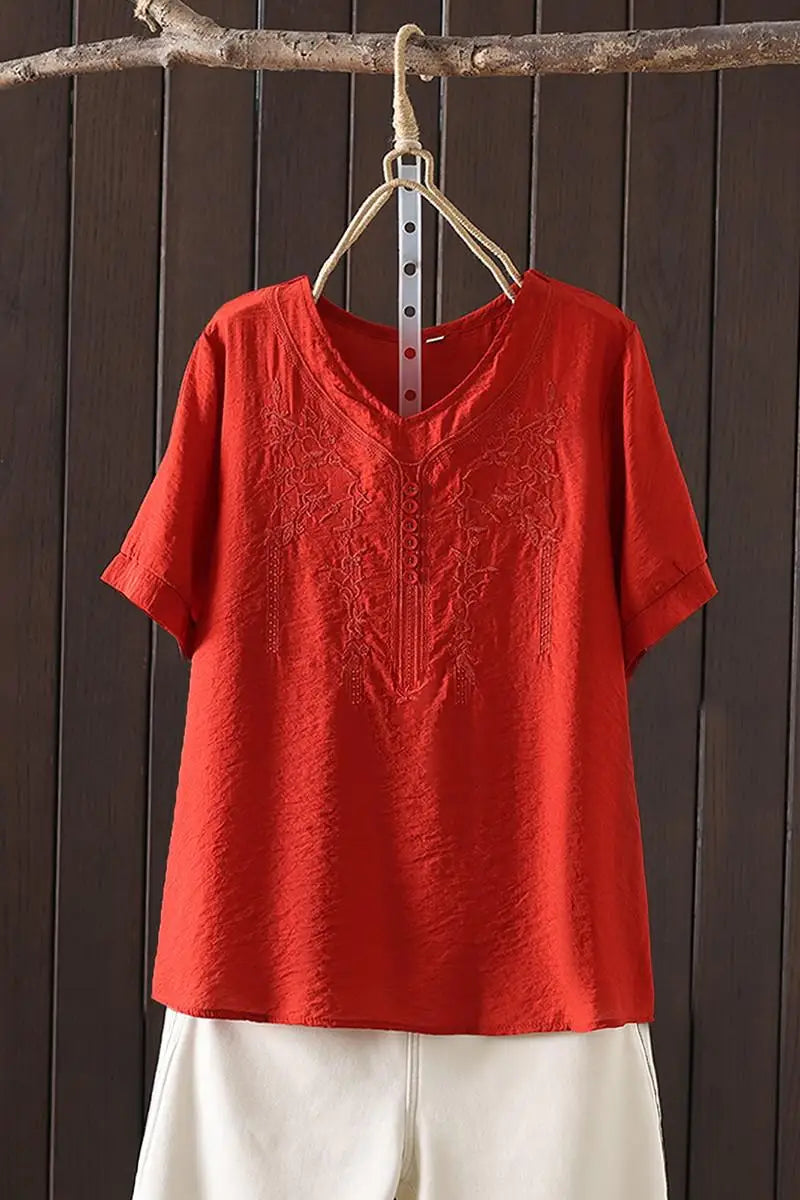 Women's Cotton Linen Embroidered Top – Vintage Casual Shirt