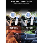 Image showing heat measurements before and after installing high heat resistant car window tint for effective solar protection.