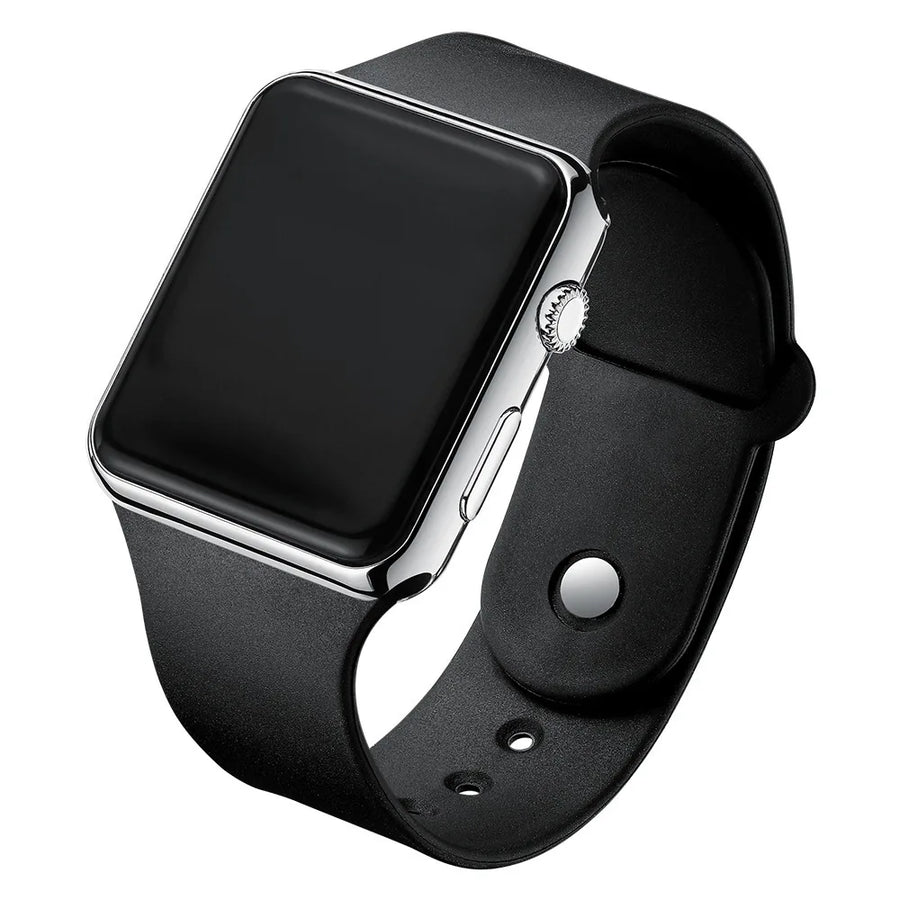 Black LED digital sport watch with silver frame and black silicone band on white background, side view of unisex casual watch.