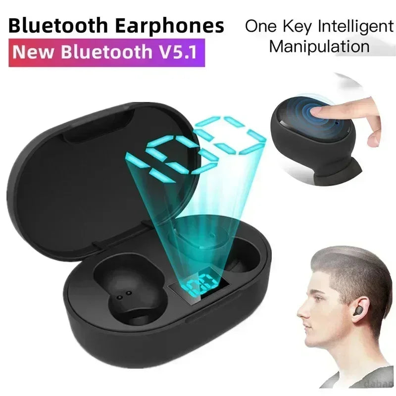 Black true wireless bluetooth earphones with charging case, worn by user, Bluetooth V5.1