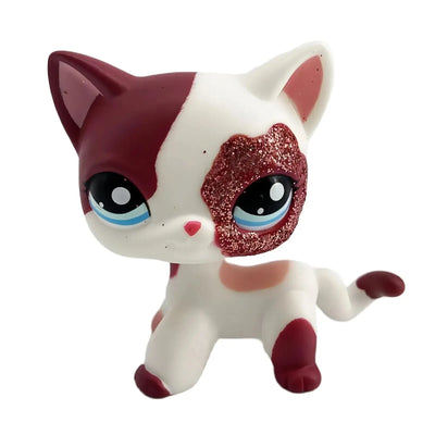 Mini pet shop kitty figure – white with maroon patches and glitter eye detail