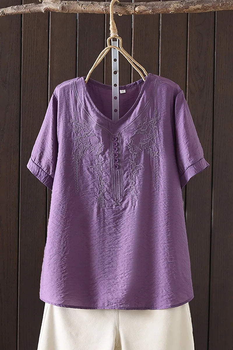 Women's Cotton Linen Embroidered Top – Vintage Casual Shirt