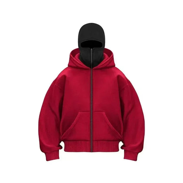 Men's Balaclava Zip Hoodie with Face Mask Winter Warm Zipper Sweatshirt Oversized Hooded Sports Jacket for Outdoor Activities