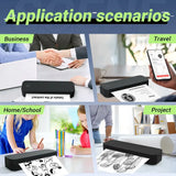 Application scenarios collage for the portable A4 thermal printer — business, travel, home school and project uses of the wireless Bluetooth inkless mini printer
