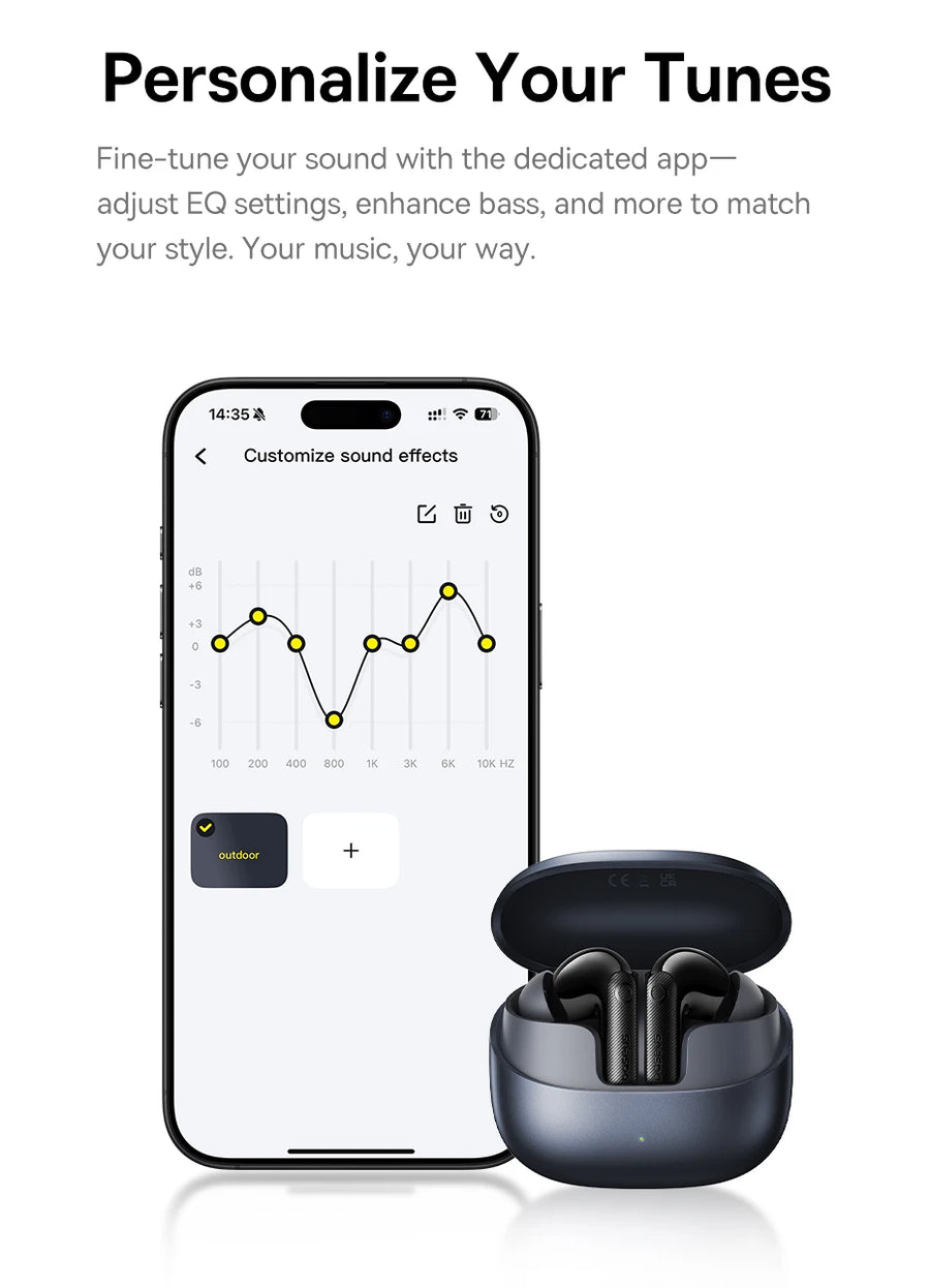 Smartphone displaying sound customization app – wireless earbuds EQ control