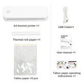 A4 thermal printer set with USB cable, thermal roll paper, tattoo paper and user manual on a white background — portable wireless Bluetooth inkless mini printer