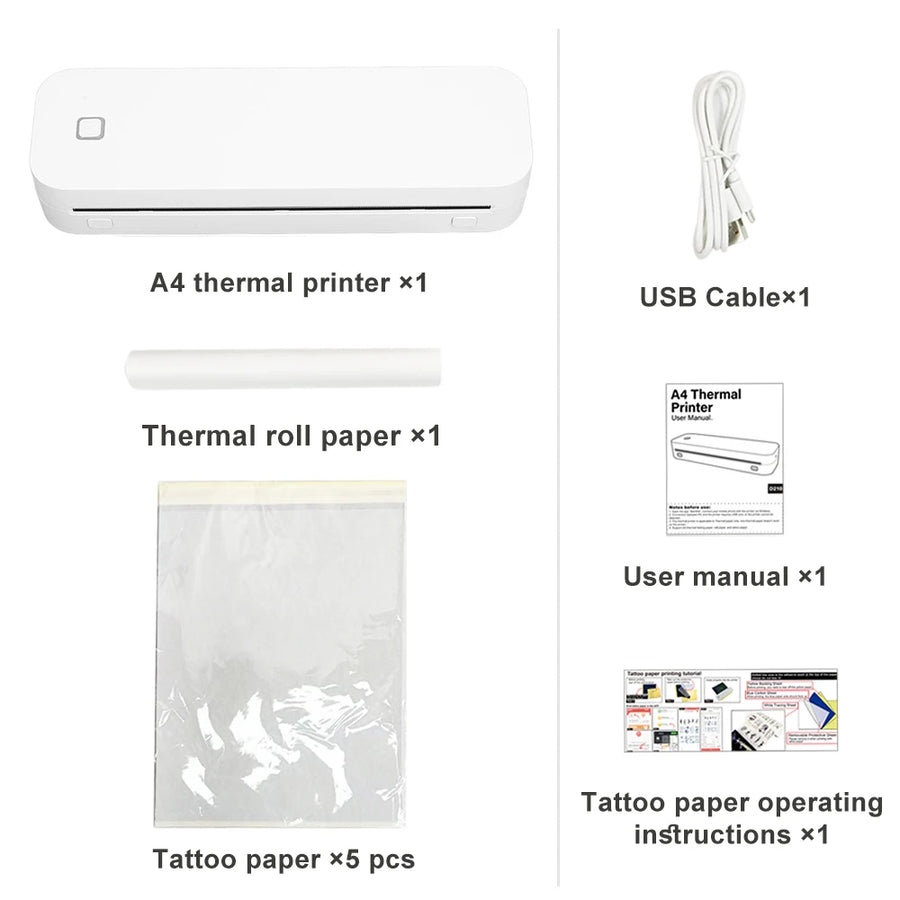A4 thermal printer set with USB cable, thermal roll paper, tattoo paper and user manual on a white background — portable wireless Bluetooth inkless mini printer