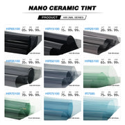 Nano ceramic car window tint products display, showcasing various tints for side and front windows with UV protection.