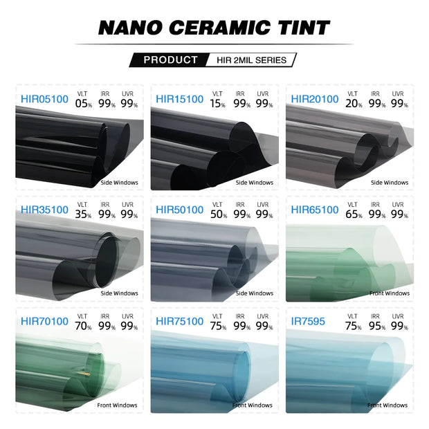Nano ceramic car window tint products display, showcasing various tints for side and front windows with UV protection.